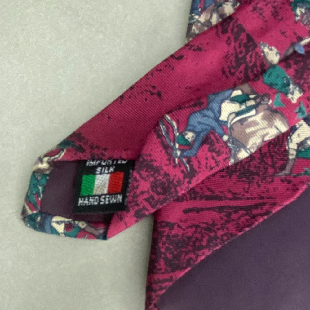 VTG Moore's Equestrian Horse Fox Hunt Silk Tie Burgundy Navy Hunting‎ Dog 57x4